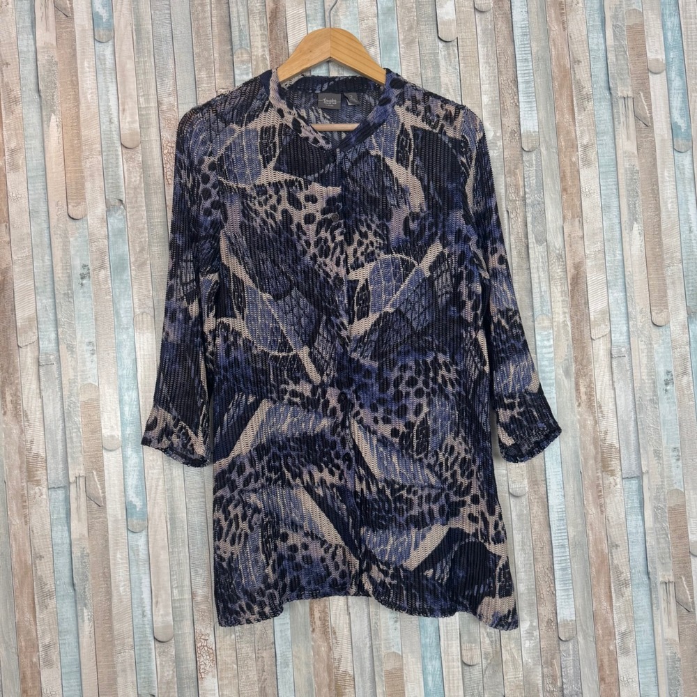 Chicos Travelers Sheer‎ Mesh Button Front Top Cardigan Abstract Butterfly 2 L